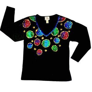 Vintage 1990s Colorful Sequined Circle Black Knit Long Sleeved V-Neck Shirt